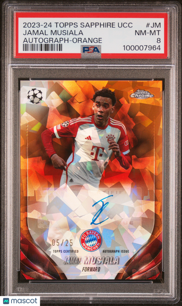 Jamal Musiala - 2023-24 Topps Chrome Sapphire Edition UEFA Club Competitions Chrome Sapphire Autographs Orange PSA 8 5/25 05/25