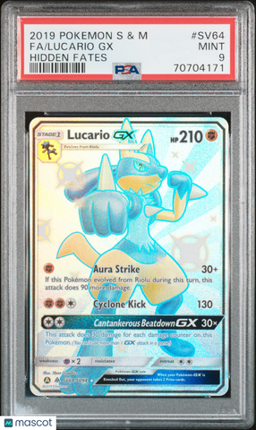 2019 Pokemon Sun & Moon Hidden Fates Lucario GX Fa #SV64 Hidden Fates PSA 9