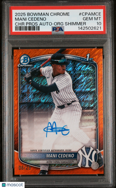 Mani Cedeno - 2025 Bowman Chrome Prospect Autographs Org Shimmer PSA 10 06/25