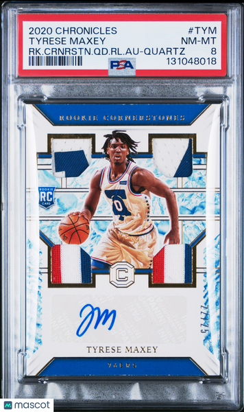 Tyrese Maxey 2020 Chronicles Rookie Cornerstones Quad Patch Auto Quartz PSA 8