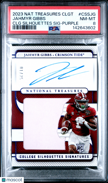 Jahmyr Gibbs 2023 National Treasures Silhouettes Auto Rookie Purple PSA 8 01/25