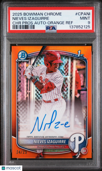 Nieves Izaguirre - 2025 Bowman Chrome Prospect Autographs Orange Ref PSA 9 24/25