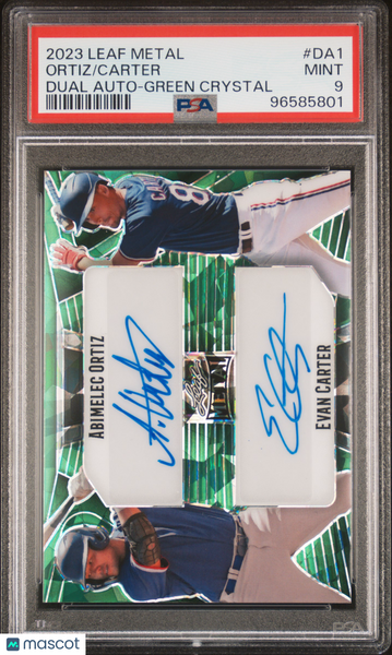 Evan Carter Abimelec Ortiz 2023 Leaf Metal Dual Auto Green Crystal PSA 9 /3