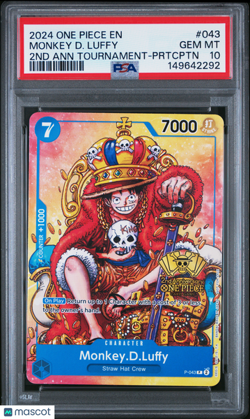 2024 One Piece Promos Monkey D. Luffy 2ND Ann Tournament-Prtcptn PSA 10 #043