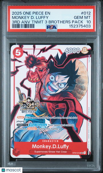 2025 One Piece 3RD Anniversary Tournament 3 Brothers Pack Monkey D. Luffy PSA 10 #012