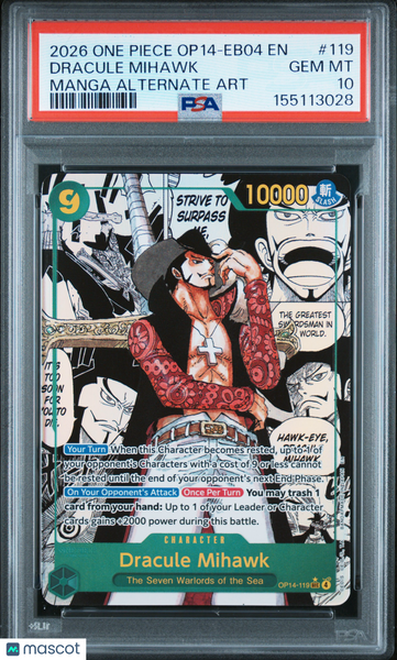 2026 One Piece Op14-Eb04-The Azure Sea's Seven Dracule Mihawk Manga PSA 10 #119