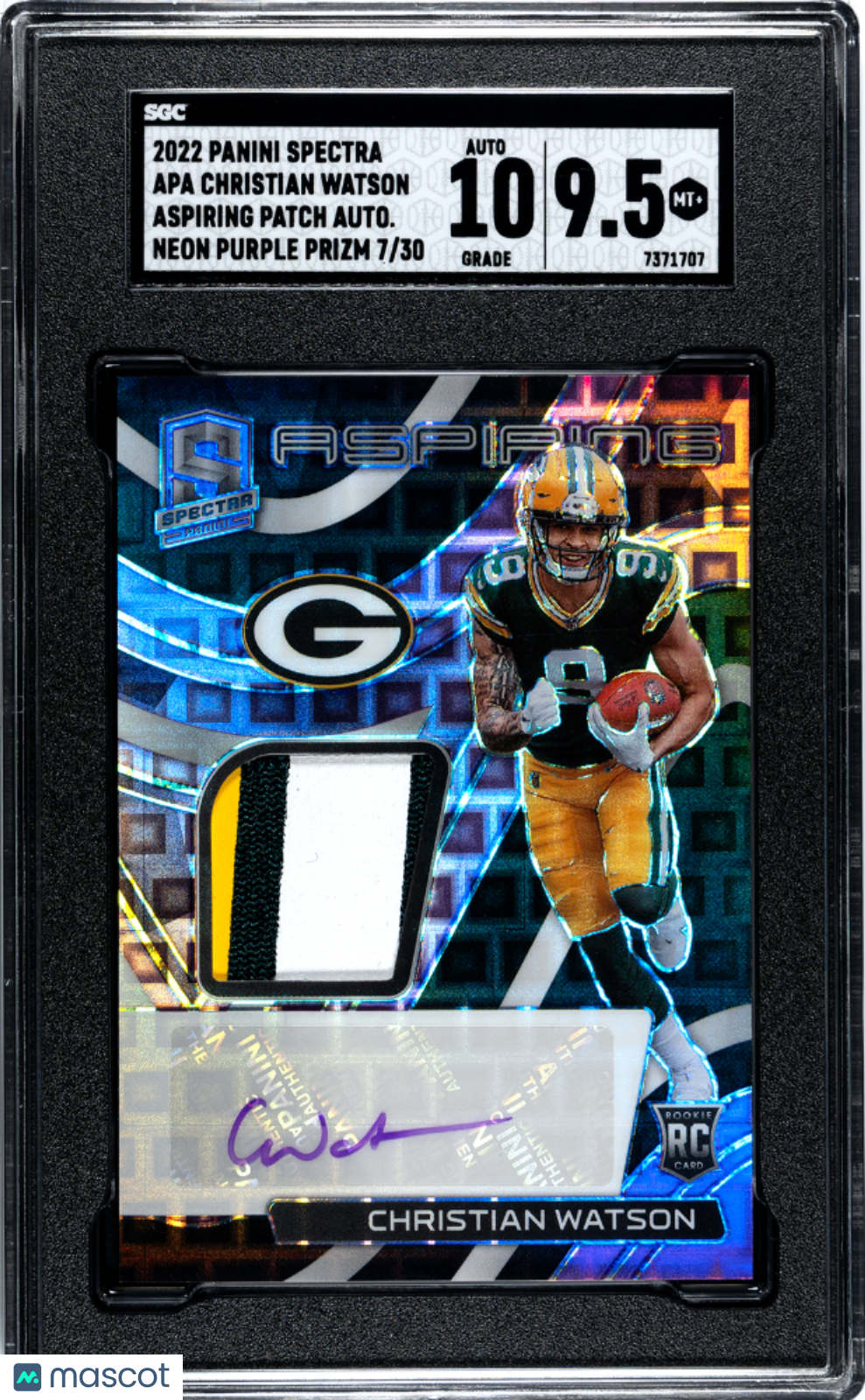 Christian Watson - 2022 Spectra Aspiring Patch Autograph Neon Purple  SGC 9.5