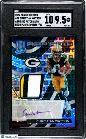 Christian Watson - 2022 Spectra Aspiring Patch Autograph Neon Purple  SGC 9.5