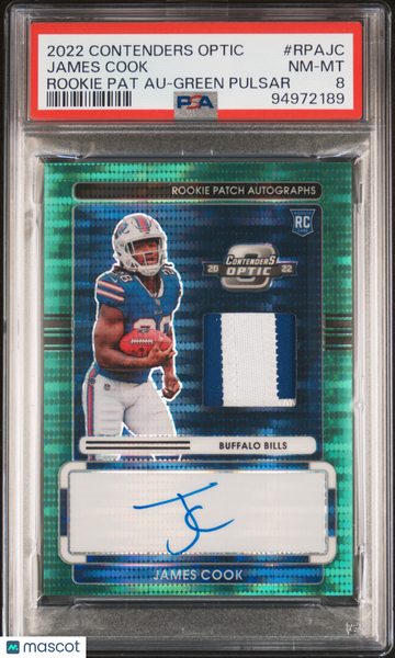 James Cook - 2022 Contenders Optic Rookie Patch Auto Green Pulsar /15 PSA 8