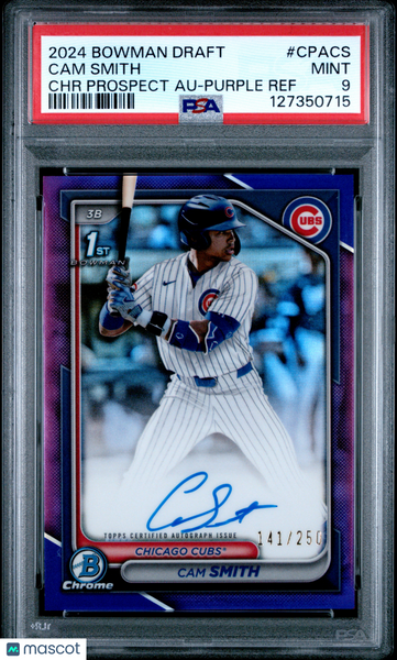 Cam Smith - 2024 Bowman Draft Chrome Prospect Autograph Purple Ref PSA 9 141/250