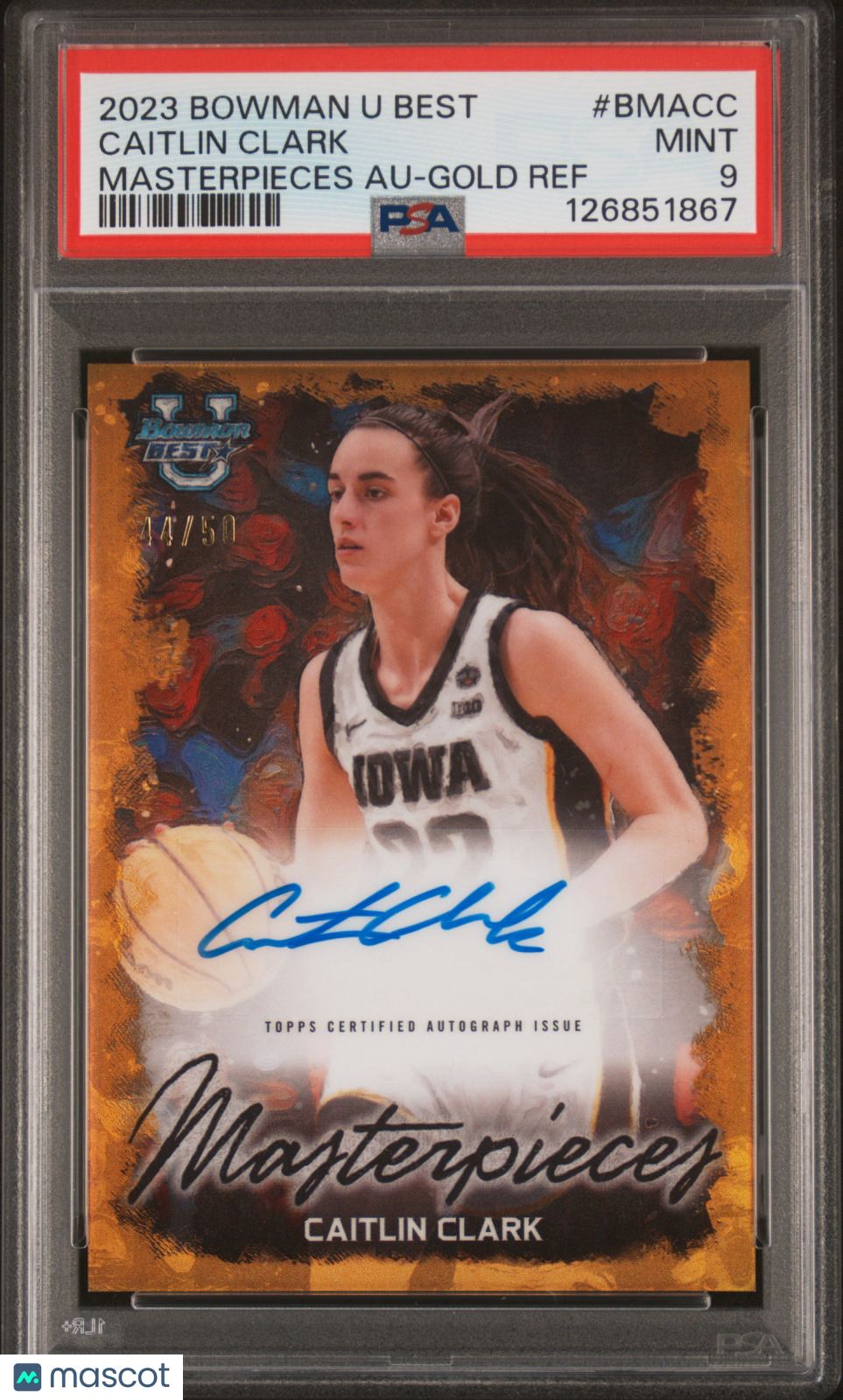 Caitlin Clark - 2023 Bowman Best Bowman Masterpieces Auto Gold Ref PSA 9 44/50