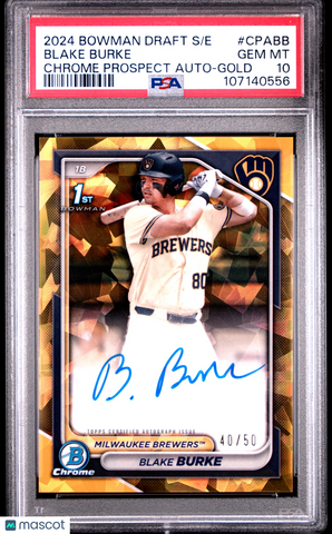 Blake Burke 2024 Bowman Draft Sapphire Chrome Auto Gold PSA 10 40/50
