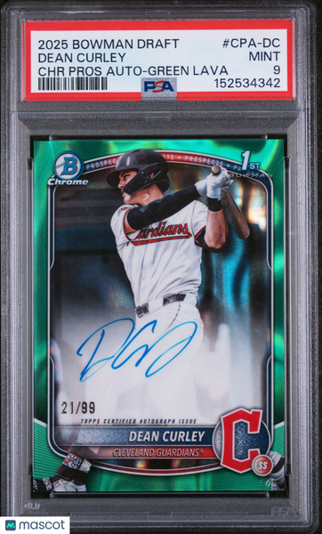Dean Curley - 2025 Bowman Draft Chrome Prospect Autographs Green Lava PSA 9 /99 21/99