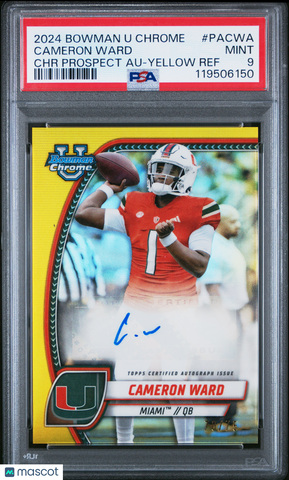 Cameron Ward - 2024 Bowman  Chrome Prospect Autographs Yellow Ref PSA 9 70/75