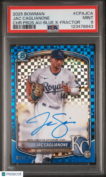 Jac Caglianone - 2025 Bowman Chrome Autographs Blue X Fractor PSA 9 008/150