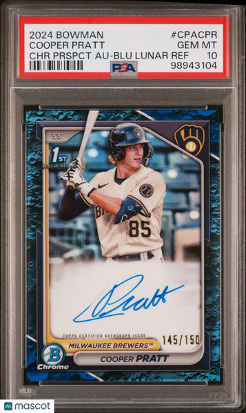 Cooper Pratt - 2024 Bowman Chrome Prospect Auto Blue Lunar Ref PSA 10 145/150