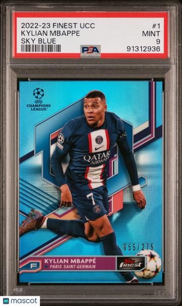 Kylian Mbappe - 2022-23 Topps Finest UEFA Club Competitions Sky Blue Refractor PSA 9 055/275