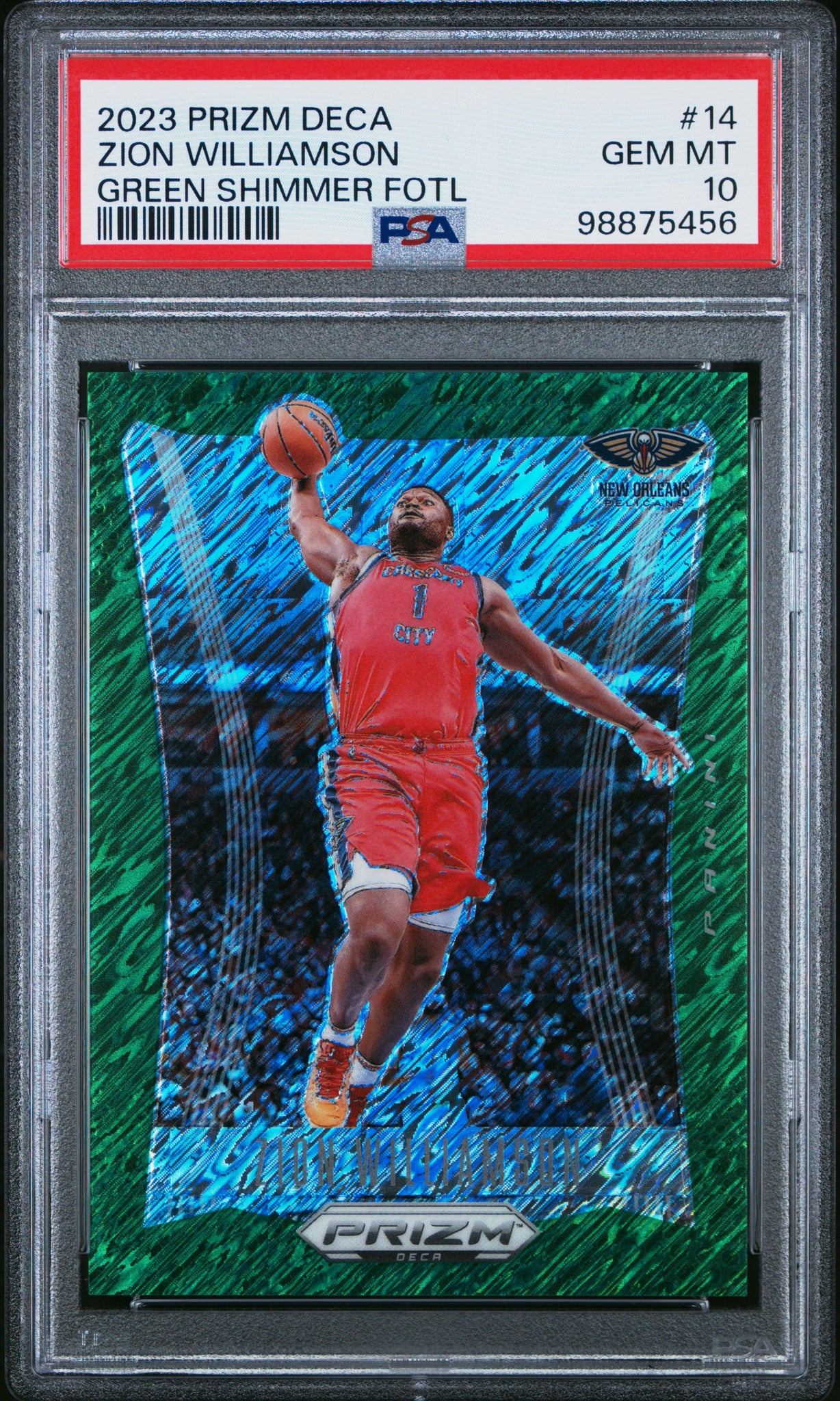 Zion Williamson - 2023 Panini Prizm Deca Green Shimmer Fotl PSA 10