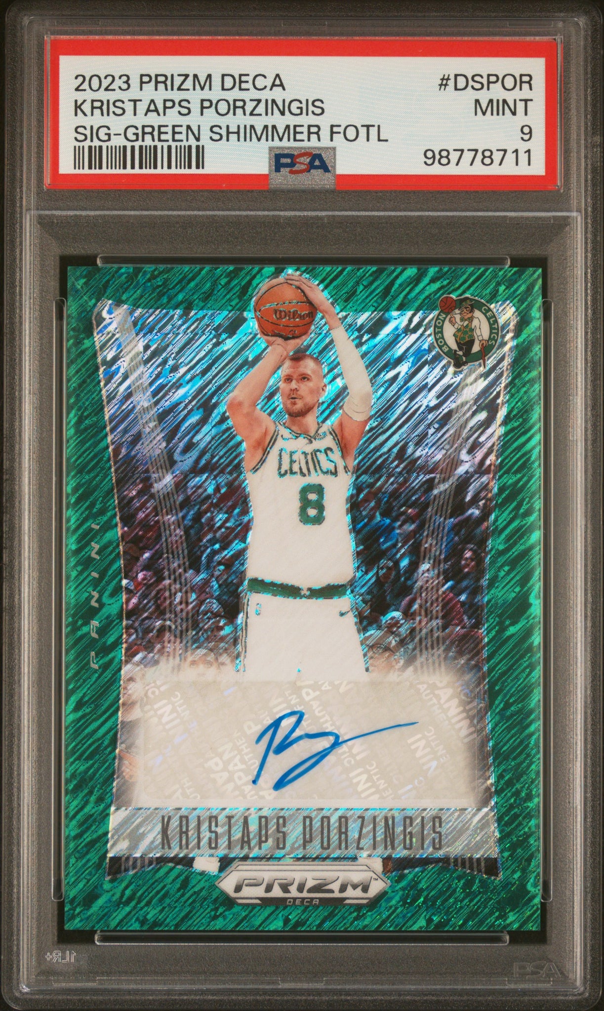 Kristaps Porzingis - 2023 Panini Prizm Deca Signatures Green Shimmer Fotl PSA 9