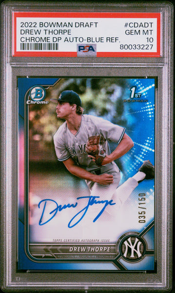 Drew Thorpe - 2022 Bowman Draft Chrome Draft Pick Autographs DP Blue Refractor PSA 10