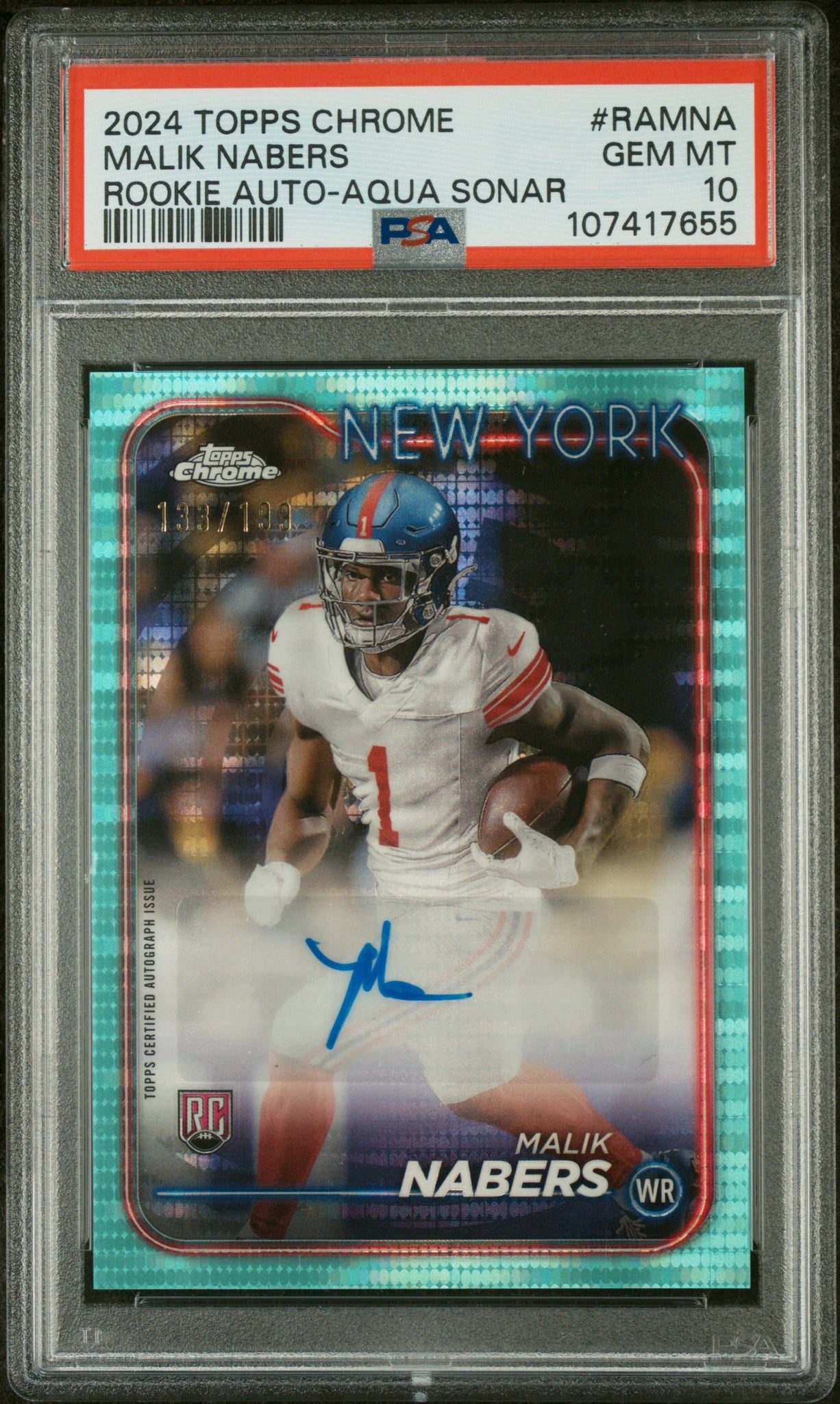 Malik Nabers - 2024 Chrome Rookie Auto Variations Aqua Sonar PSA 10 133/199