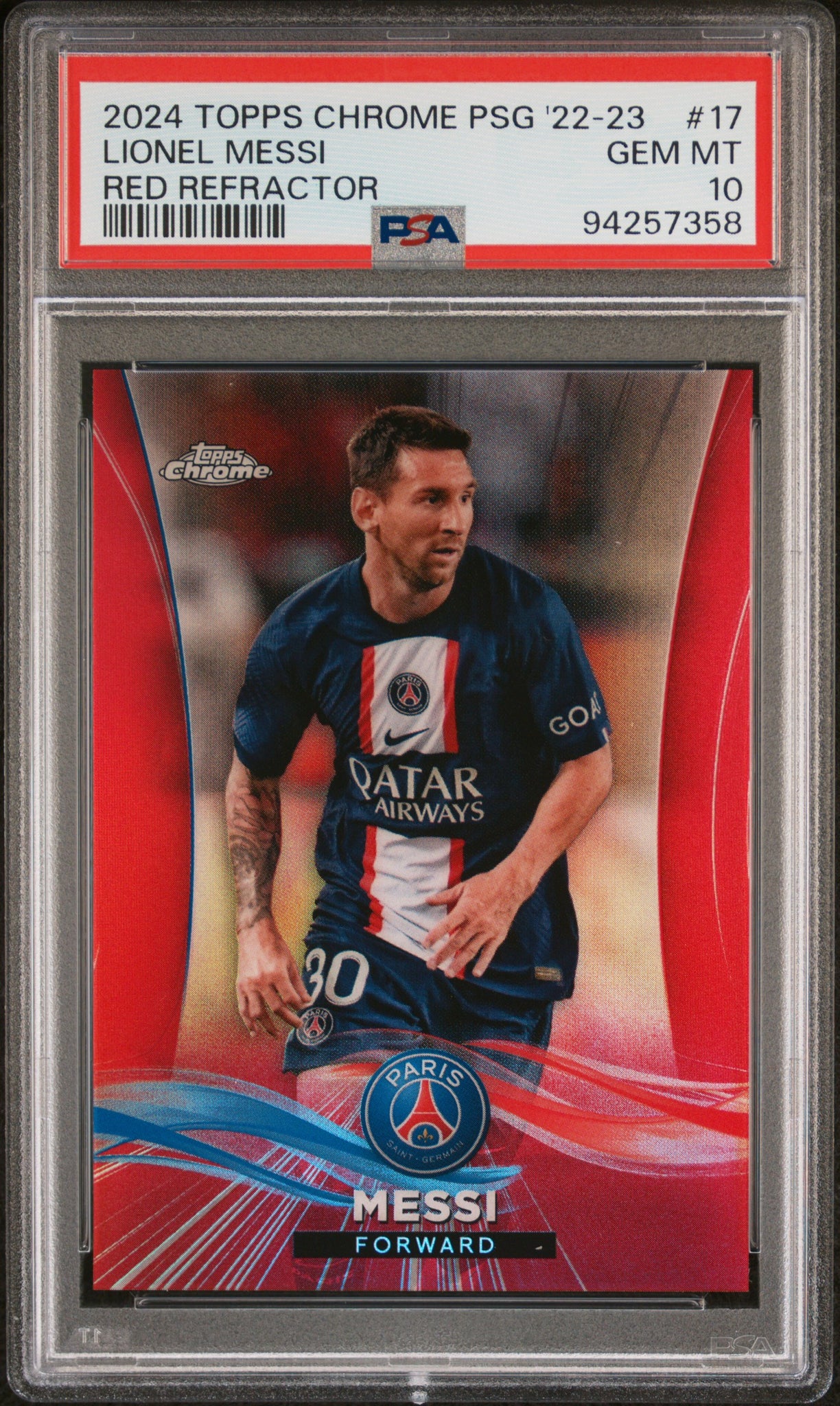 Lionel Messi - 2024 Topps Chrome /5 Soccer Red Refractor PSA 10