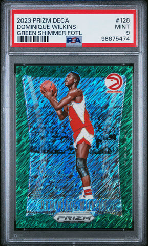 Dominique Wilkins - 2023 Panini Prizm Deca Green Shimmer Fotl PSA 9