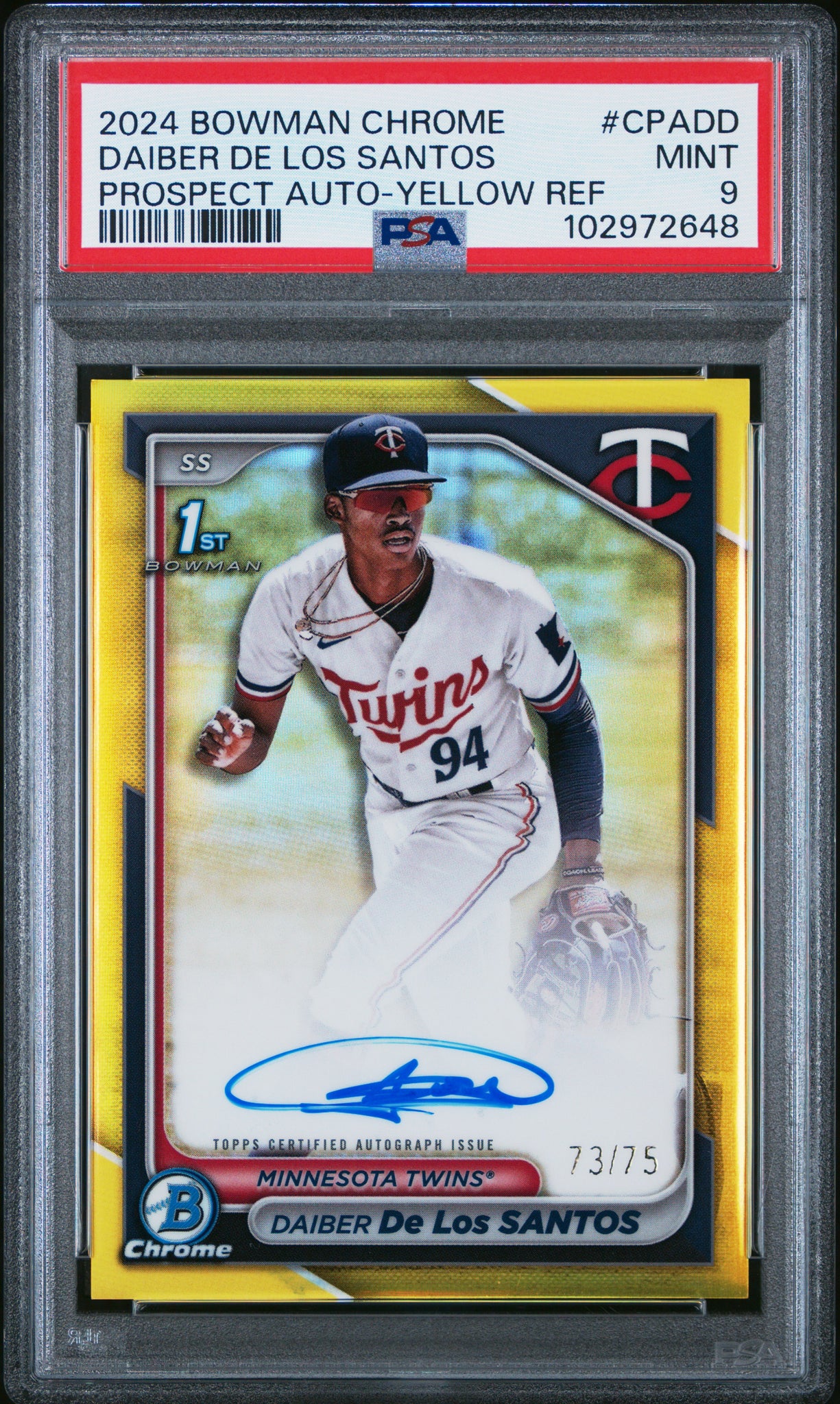 Daiber De Los Santos - 2024 Bowman Chrome Prospect Autographs Yellow Ref PSA 9