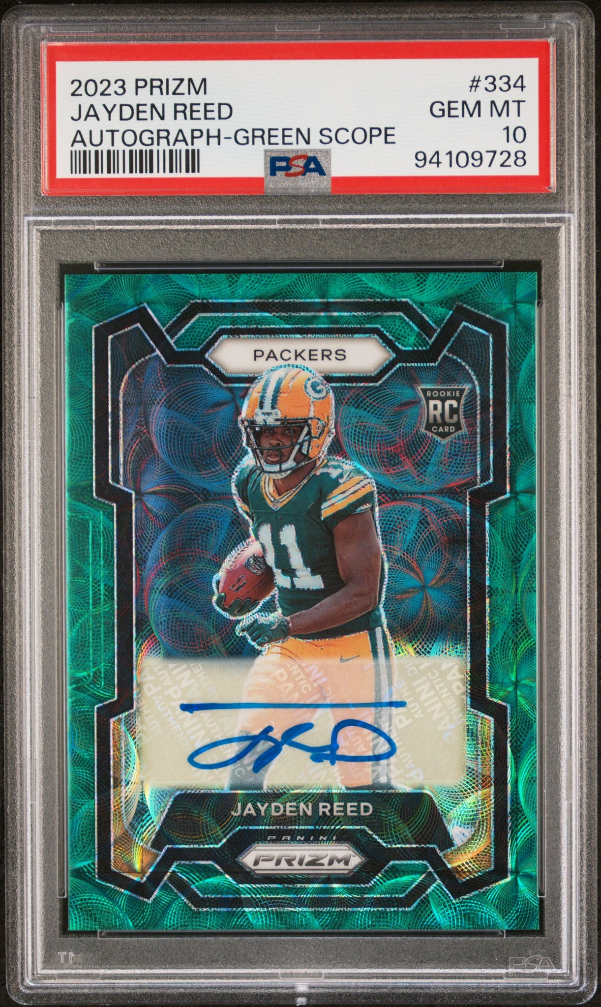 Jayden Reed - 2023 Panini Prizm Autograph Green Scope PSA 10