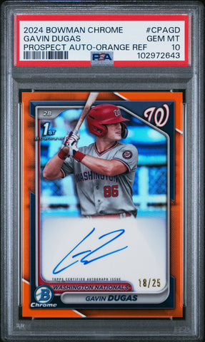 Gavin Dugas - 2024 Bowman Chrome Prospect Autographs Orange Ref PSA 10