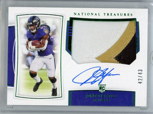 JUSTICE HILL - 2019 Football National Treasures Green Rookie Patch Auto 42/43