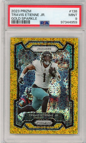 TRAVIS ETIENNE - 2023 Football Prizm Gold Sparkle 8/24 PSA 9