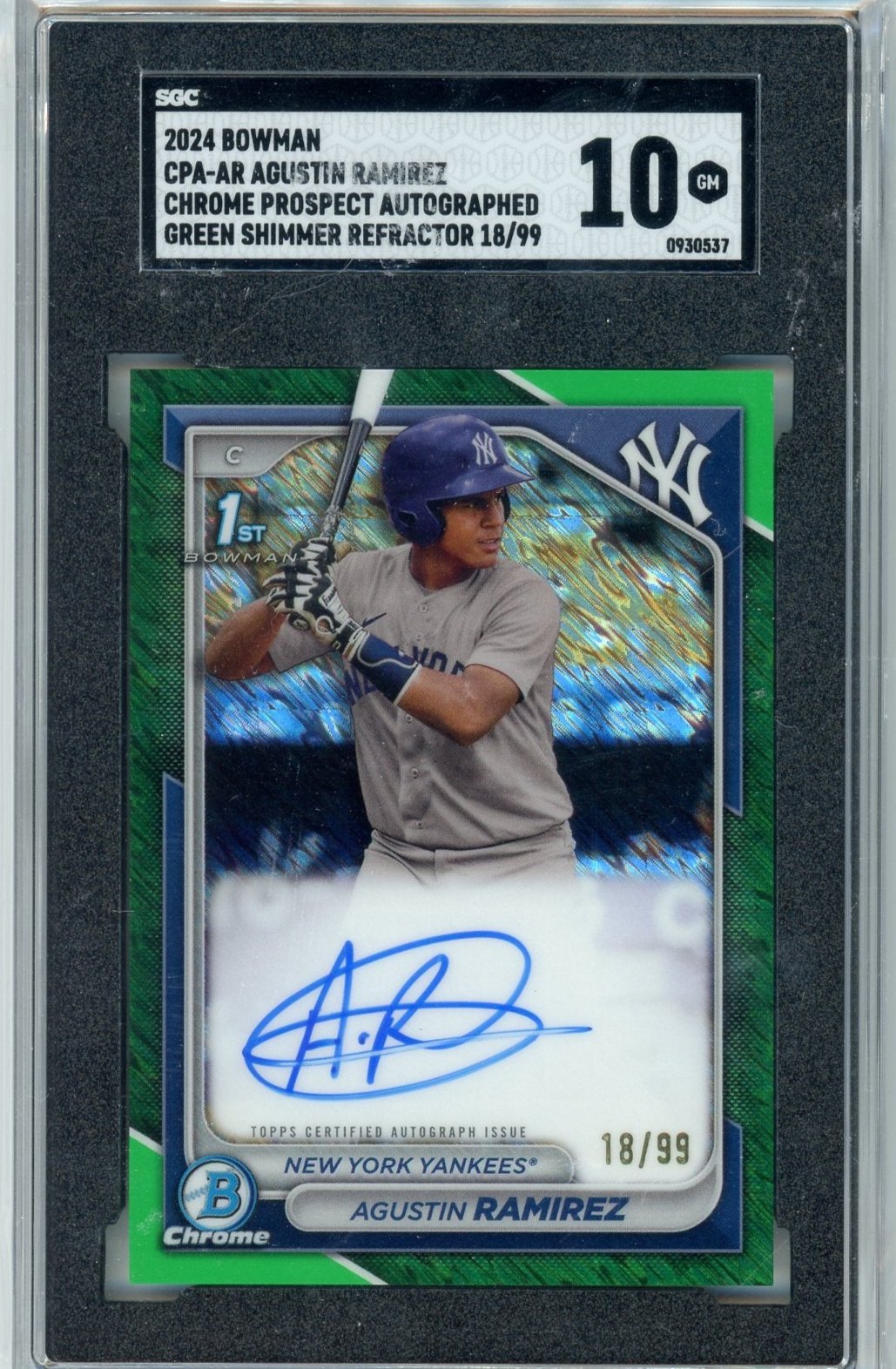 AGUSTIN RAMIREZ - 2024 Baseball Bowman Chrome Green Shimmer Prospect Auto 18/99 SGC 10