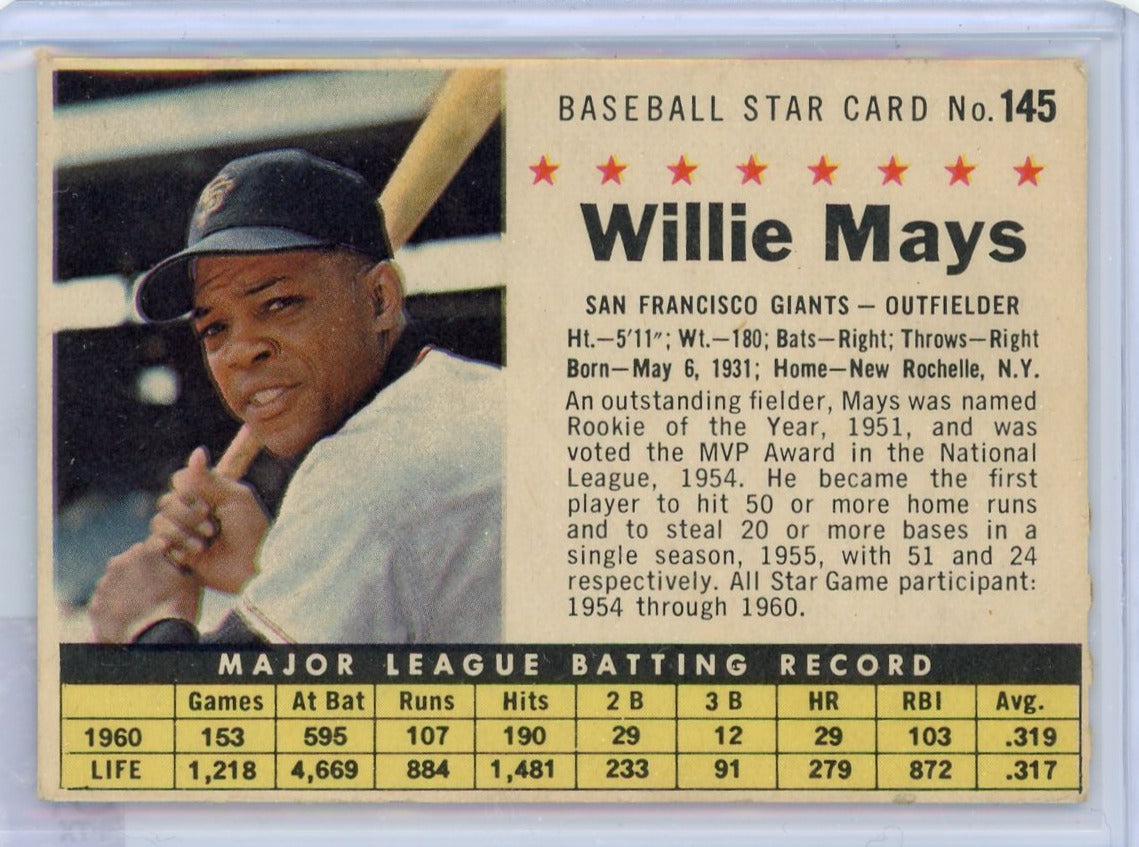 WILLIE MAYS - 1961 Baseball Post Cereal #145 Company Perforated