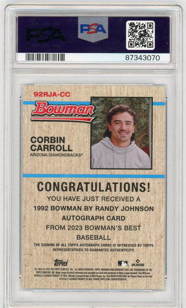 CORBIN CARROLL-2023 Baseball Bowman's Best 1992 Randy Johnson LAVA Ref. RC Auto 32/50 PSA 9