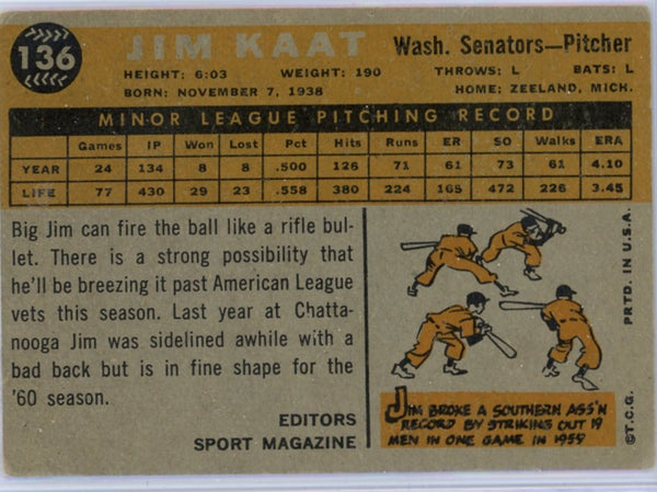 JIM KAAT - 1960 Baseball Topps Rookie Star #136