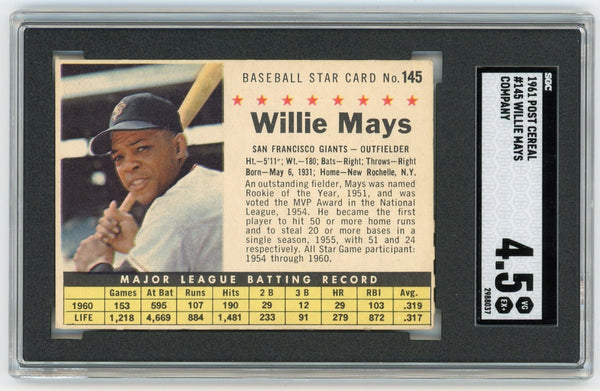 WILLIE MAYS - 1961 Baseball Post Cereal #145 Company Perforated SGC 4.5