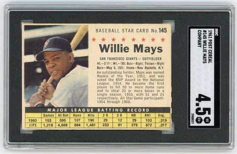 WILLIE MAYS - 1961 Baseball Post Cereal #145 Company Perforated SGC 4.5