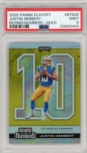 JUSTIN HERBERT - 2020 Football Panini Playoff Behind The Numbers Gold 5/10 PSA 9