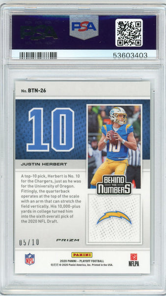 JUSTIN HERBERT - 2020 Football Panini Playoff Behind The Numbers Gold 5/10 PSA 9